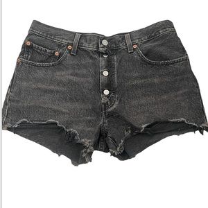 Levi’s 501 Denim Shorts Black Size 30 Distressed raw hem high rise button fly.